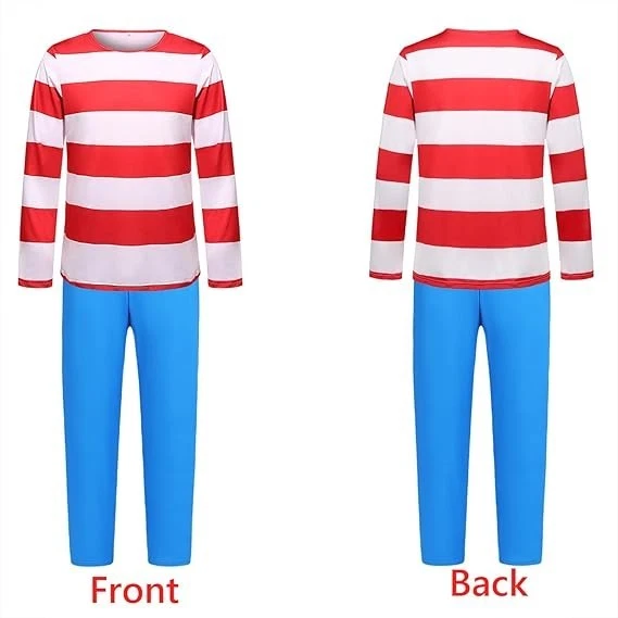 Where’s Waldo Estilo Disfraz Hombres Rojo Blanco Rayas Camisa Pantalones Gafas Sombrero (L) Foto 2 de 3