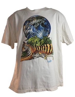 Men s Large Planet Vision T Shirt Vintage White With Earth & Tiger Picture S/S