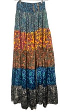 Recycled Silk Blend Floral Patchwork Tiered Ruffle Skirt Free Sz Gypsy Boho
