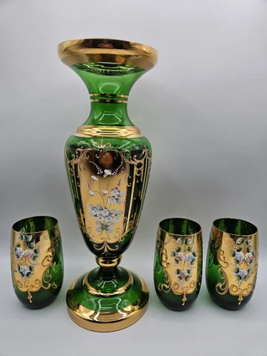 VTG Murano Venetian Emerald Glass Vase/Cups 24K Gold Trim Hand Painted 3D Floral