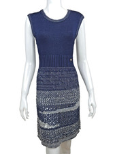CHANEL Crochet Knit Dress Size 36 Navy Sleeveless A-Line Knee Length 
