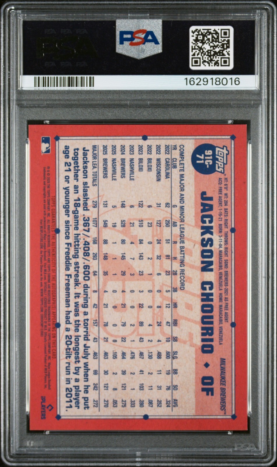 2026 Topps Silver Pack Jackson Chourio 1991 Orange Auto /25 PSA 10 JERSEY NUMBER view 2