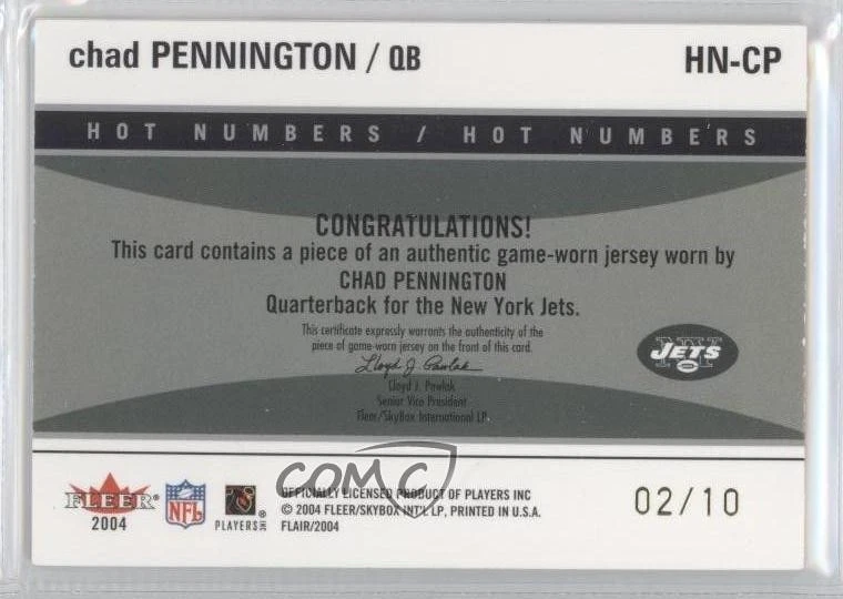 2004 Flair Hot Numbers Gold Patch /10 Chad Pennington #HN-CP Patch - Image 2 of 2