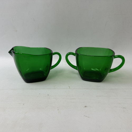 Anchor Hocking Cream And Sugar Set Emerald Green Glass Vintage