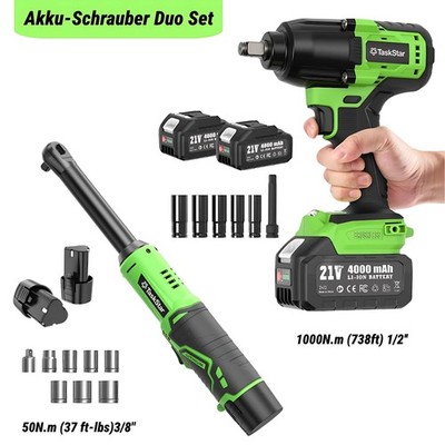 TaskStar Schrauber-Duo: 1000Nm Schlagschrauber + 50Nm Akku-Ratschenschlüssel Set