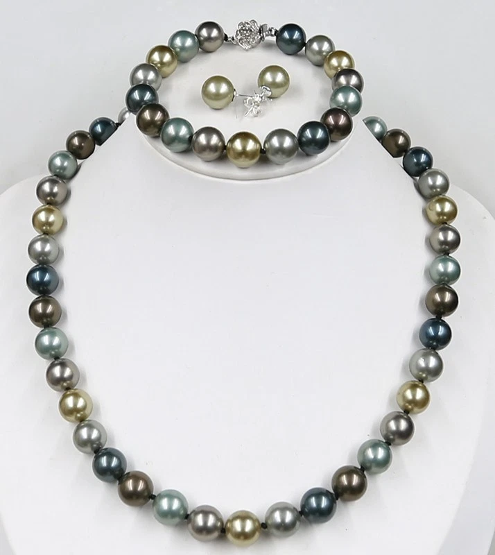 10 mm South Sea  Color M326 shell orb pearl NECKLACE 18"8"+Stud - Picture 1 of 5