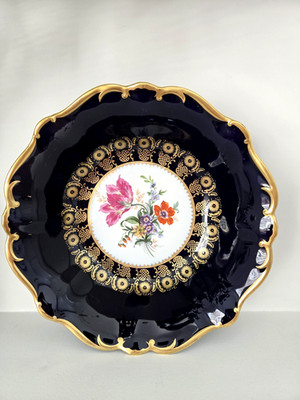 JLMenau Etch Kobalt Scalloped Edge 10&1/2  Footed Fruit Bowl Porcelain Cobalt