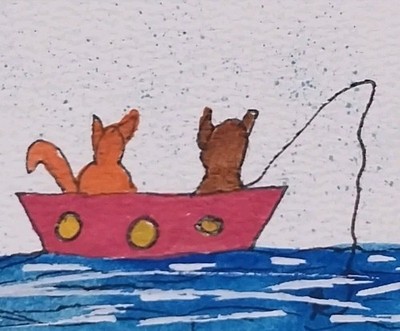 ACEO Whimsical Cat & Dog Acrylic Painting Fishing Folk Cute Art OOAK 3.5 x 2.5