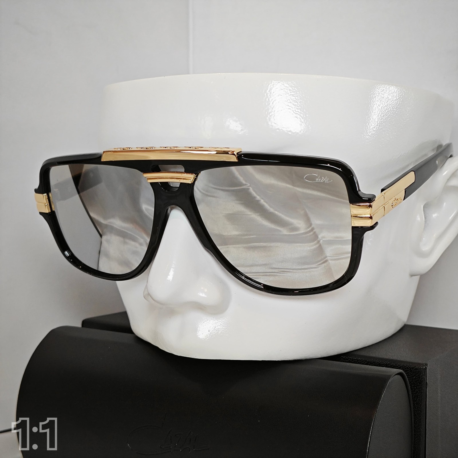 Cazal LuxuryLogo Sunglasses Unisex Black Golden Frame Glasses Reflective Lens