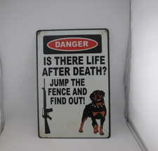 Funny Dog Warning Sign Jump Fence Find Out Rottweiler Humor Metal Tin