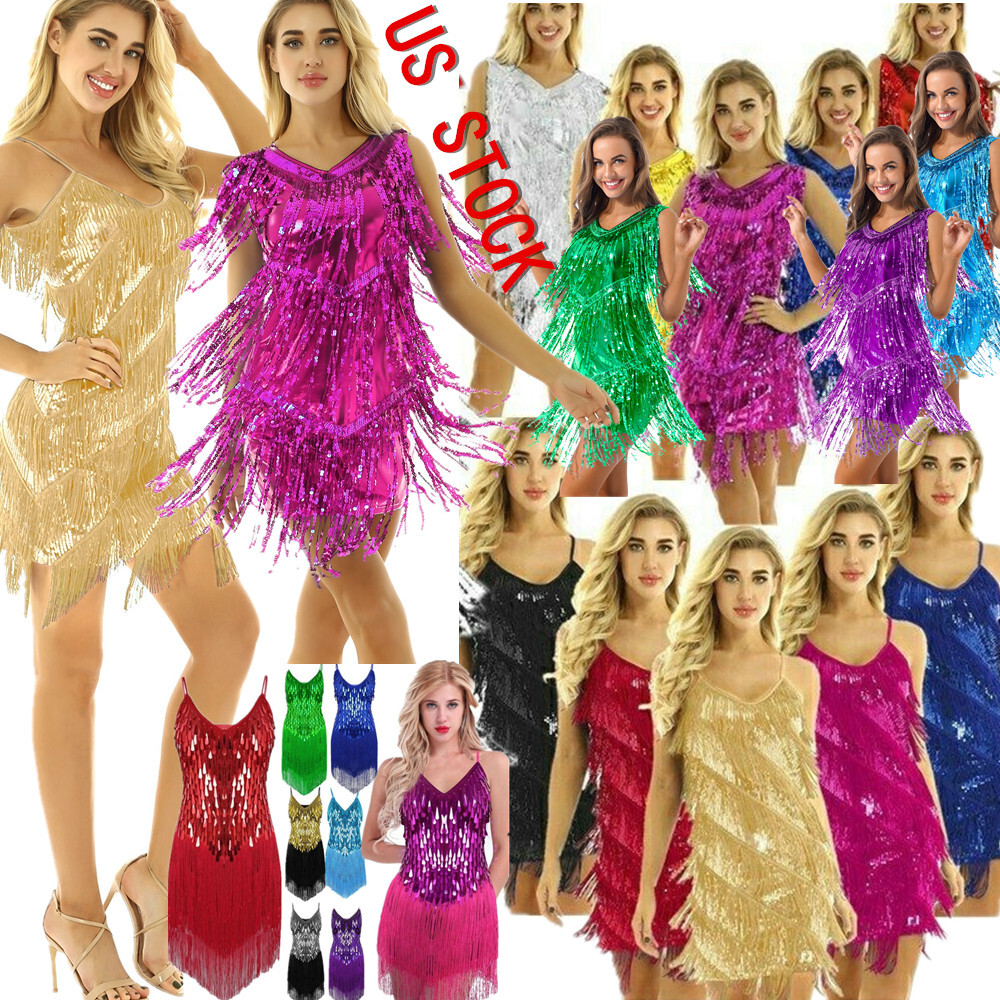 Women's Shiny Sequins Ballroom Latin Dance Dress Salsa Tango Cha