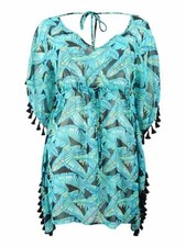 NWT Miken Juniors' Swimsuit Cover Up Leaf-Print V-Back Tassled Tunic Size M