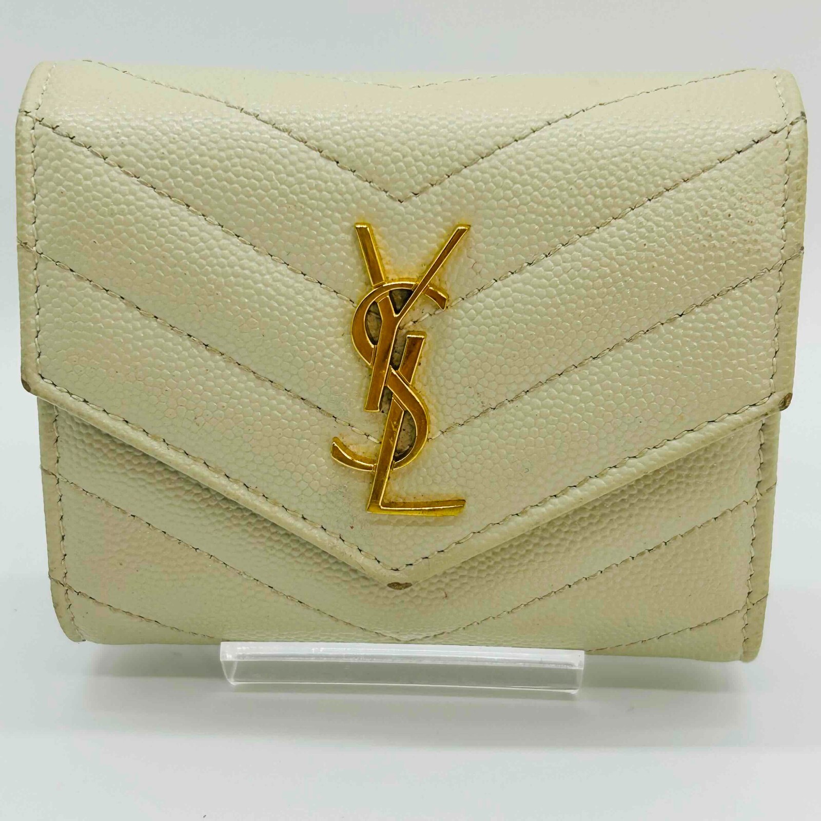 Saint Laurent Portafoglio Trif Compatto Pelle Avorio Logo YSL Autentico