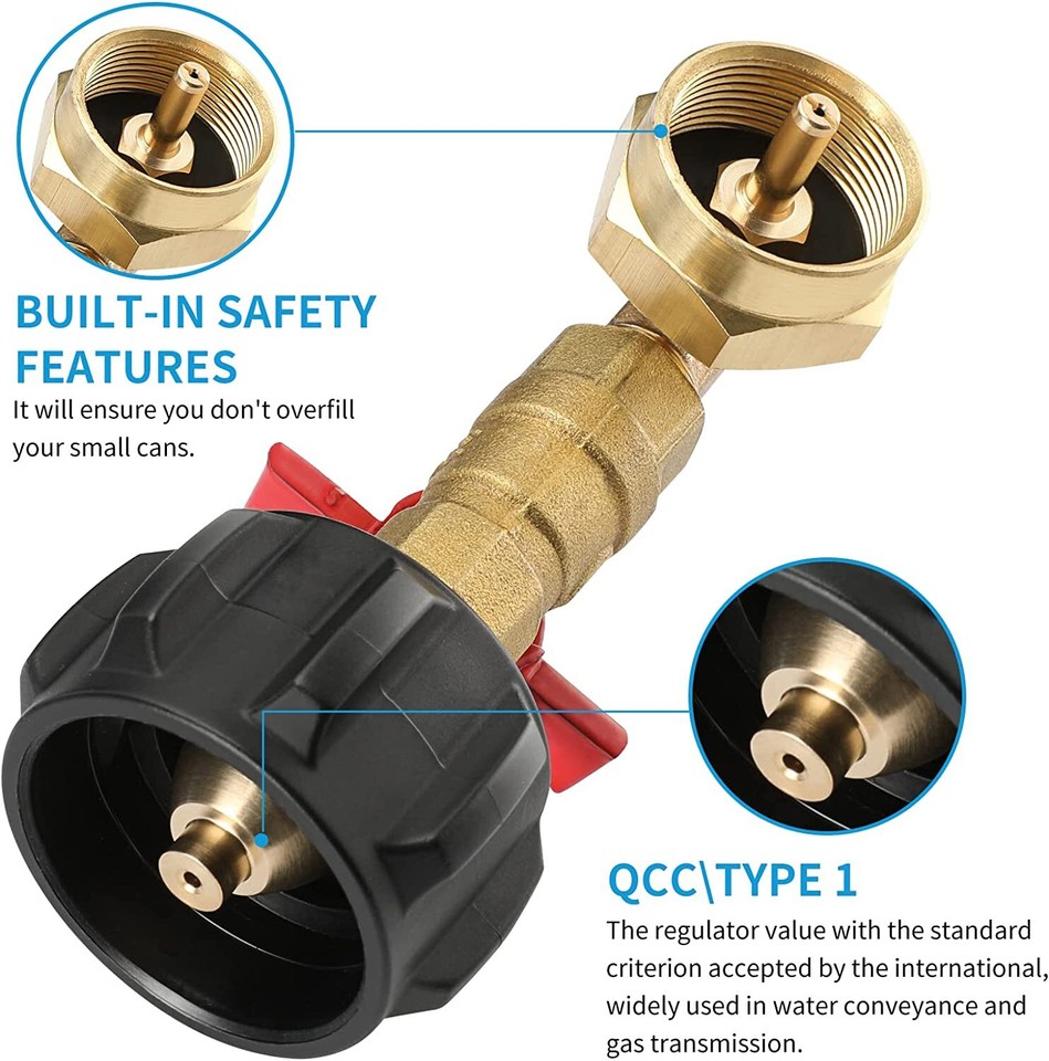 Adaptateur De Remplissage Propane QCC1 Avec Vanne ON/OFF - Angle 90° - Laiton - Pour BBQ, Chauffage, Réchaud