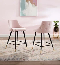 Modway Adorn Tufted Performance Velvet Counter Stool in Pink Set of 2