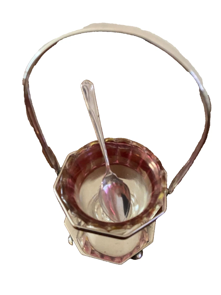 Antique Victorian Walter Oxley Silver and Cut Glass Footed Jam Stand & Spoon