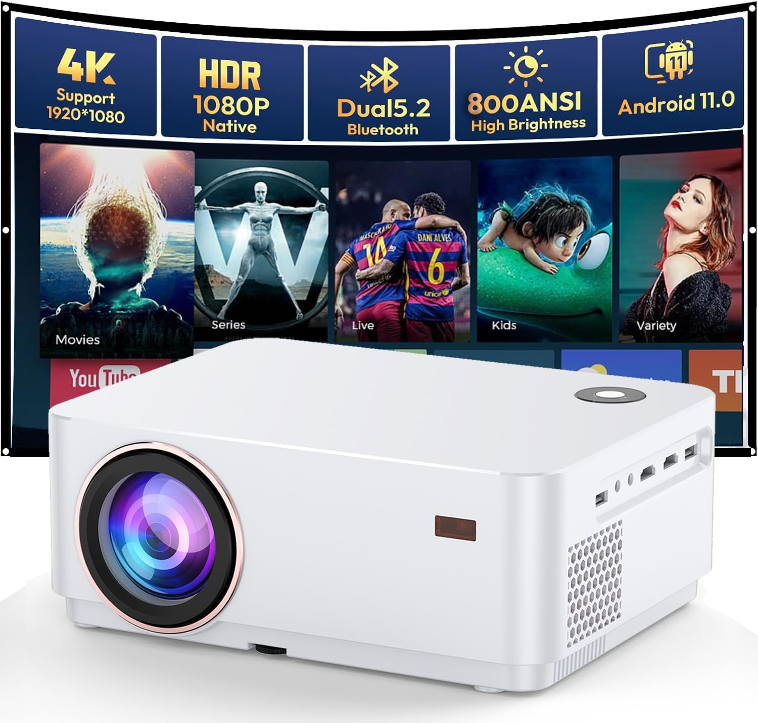 Vidéoprojecteur 4K Sewens avec Android TV intégrée et autofocus intelligent blanc