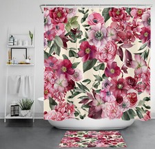 Watercolor Green Leaf Red Flower on Beige Shower Curtain Set for Bathroom Decor
