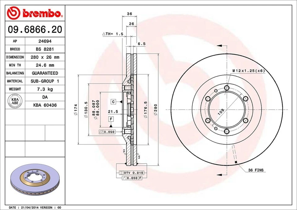 Rotor de freno de disco delantero para Axiom, Trooper, Passport, Rodeo+Más (09.6866.20) Foto 3 de 4