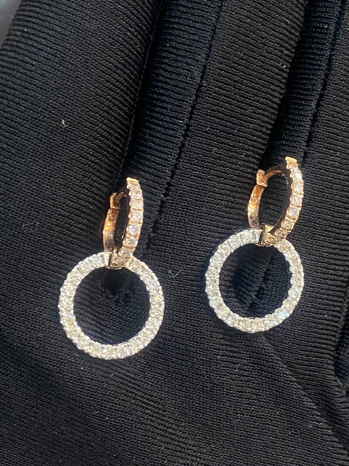 Pave 1.10 Cts Round Brilliant Diamonds Double Hoop Drop Earrings In 585 14K Gold - Image 4 of 4