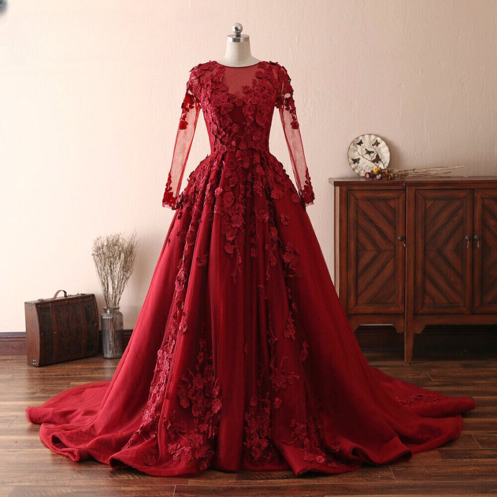 Elegant Wedding Dresses Long Sleeve A Line Appliques Tulle Plus Size Bridal  Gown | eBay