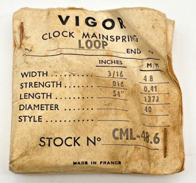 NOS Clock Mainspring CML-48.6,  3/16'' x .016'' x 54''  Loop End  (CM44)