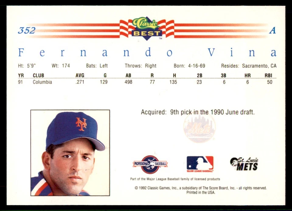 1992 Classic Best Fernando Vina Baseball Cards #352 - Image 2 of 2