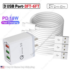 QC 3.0 Fast Charger USB Wall Block US PLUG 3 Ports For iPhone14 13 12 11 8 Cable