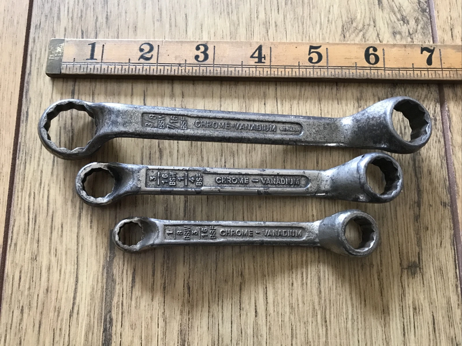 3 Vintage German Whitworth Short Ring Spanners 3/8"W to 1/8"W. No 10