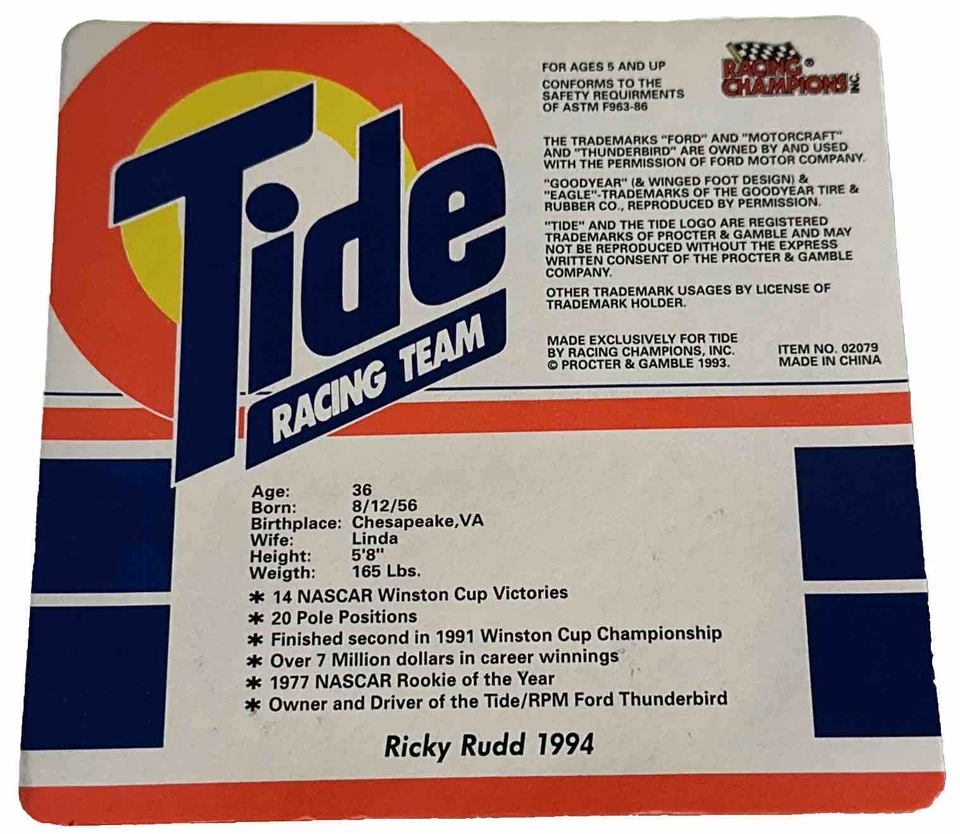 Racing Champions #10 Ricky Rudd Tide Racing Team 1994 NASCAR Ford Thunderbird Foto 2 de 4
