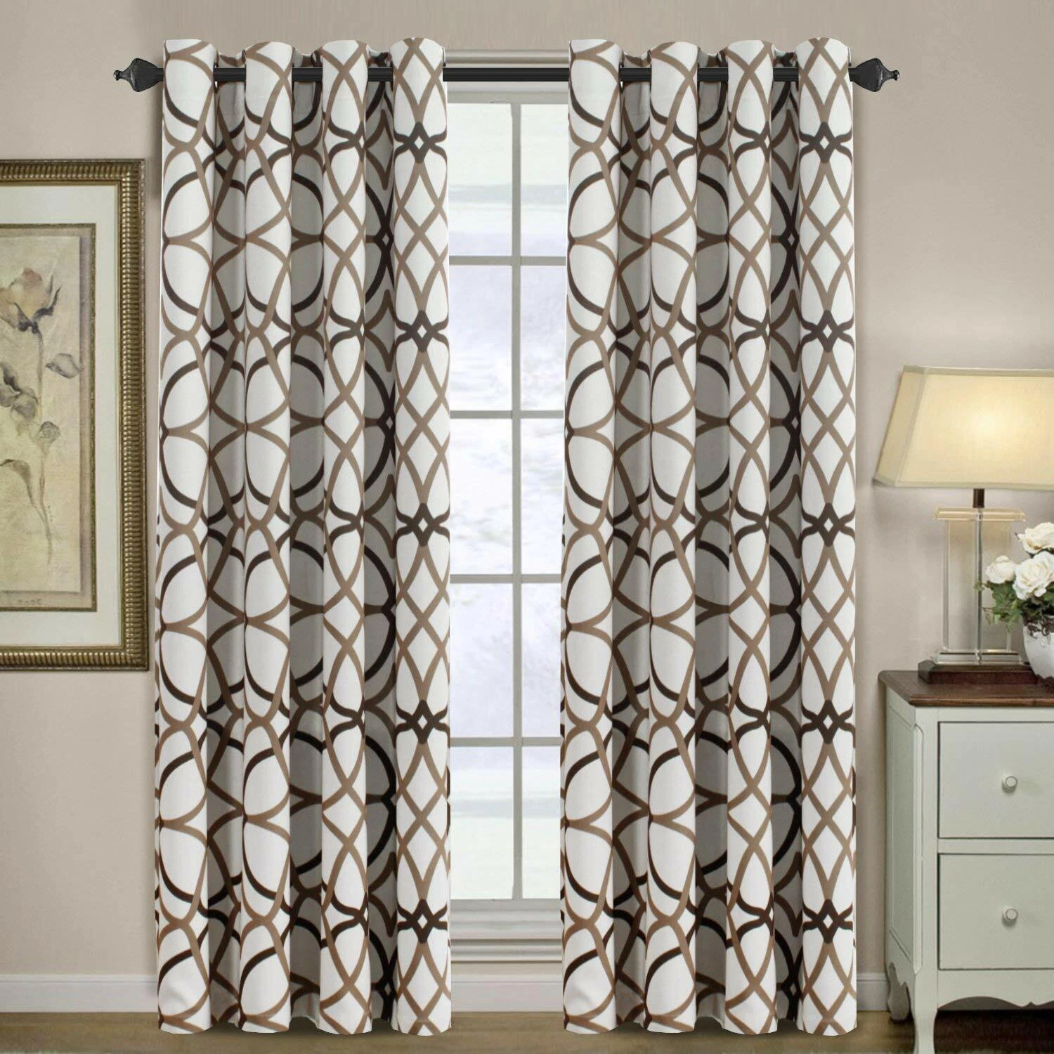 Set 2 Brown Taupe Geo Curtains Panels Drapes 63 84 96 108 in L Darkening Grommet