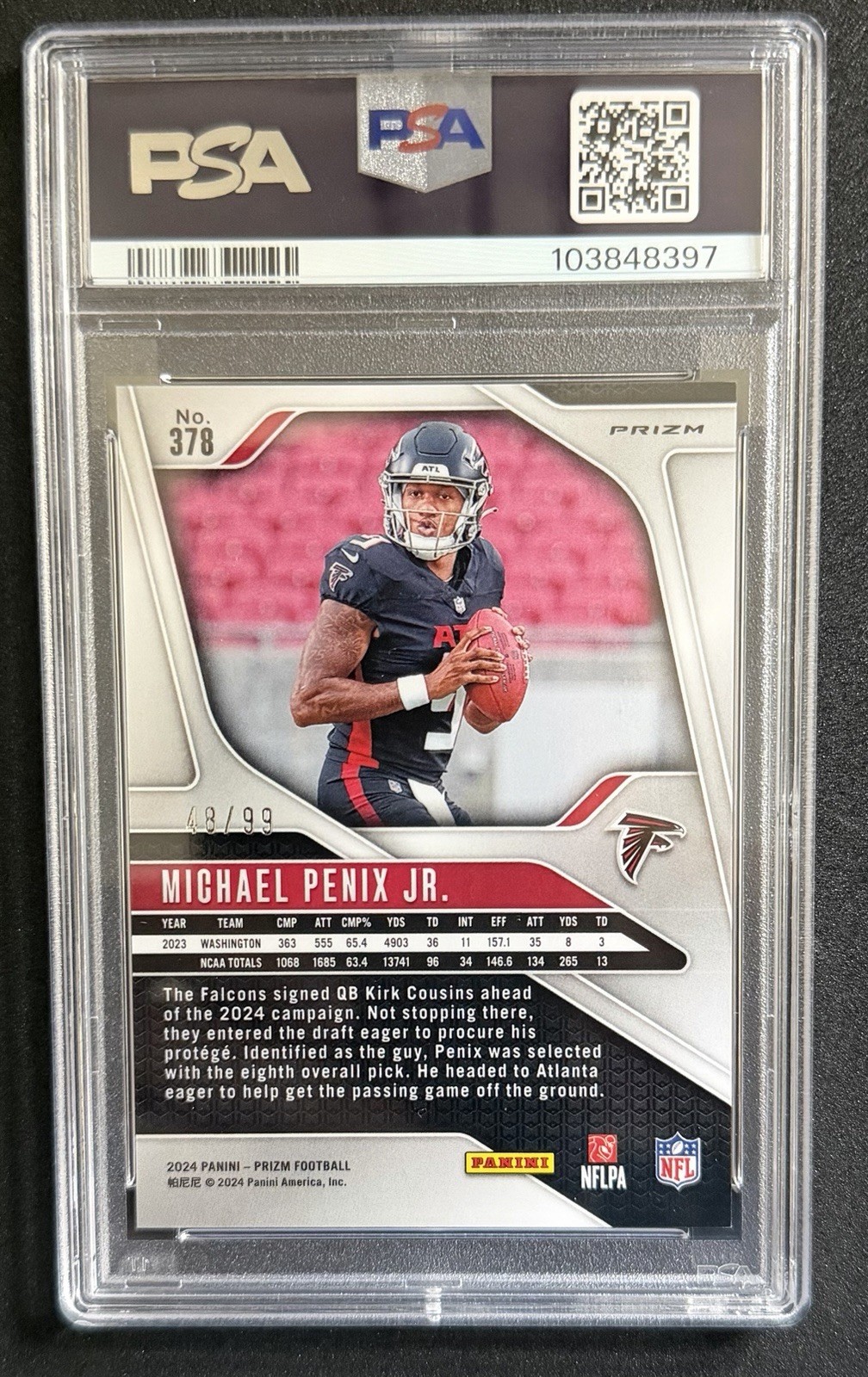 Panini Prizm 2024 Michael Penix Jr. #378 Blue Ice Prizm RC /99 Falcons PSA 9 view 2
