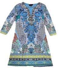 Hale Bob Jersey Knit Long Sleeve Split Neck Floral Dress Womens M Stretch Lined