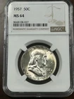 1957 Franklin Half Dollar NGC MS64 Beautifully Toned! Rainbow Cresent Tone!