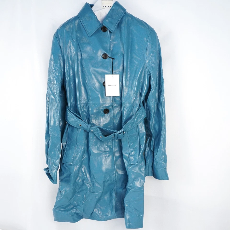 Bally Lacquer-Effect Leather Belted Trench Coat In Lugano Blue Womens Size EU 44
