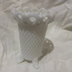 Vintage IMPERIAL MILK GLASS Laced Edge Diamond Point Katy Footed Vase  - Mint!