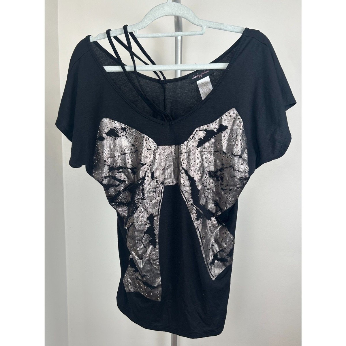 Vintage Y2K Baby Phat Shirt Womens Black Bow Rhinestone Blue Logo