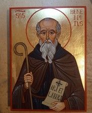 Icona ortodossa  dipinta a mano di San Benedetto su tavola in legno, Arte sacra.