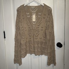 NEW Sundance Catalog Button Front Crochet Beige Sweater Boho L Cottage Knit