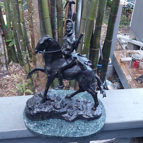 Frederic Remington Indian On Horse Bronze Sculpture, 13"H x 9" L x 7" W Signed 