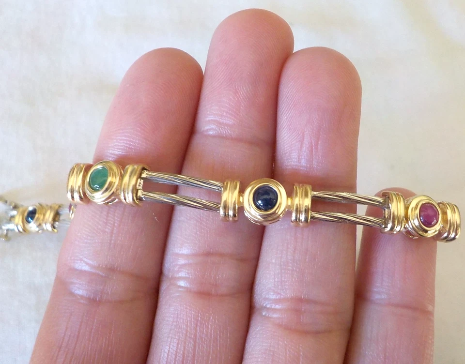 Heavy 14k Multi Gold Cable Sapphire Ruby Emerald Bracelet - 15.32 gms, 6.9 inch - Image 3 of 4