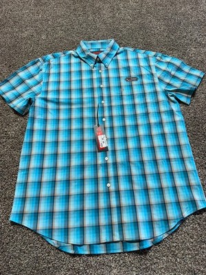 Rock & Roll Denim Mens Button Down Shirt Large Turquoise NEW TAGS Flex Plaid