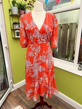 Liquorish full wrap midi dress orange floral size 10 B2