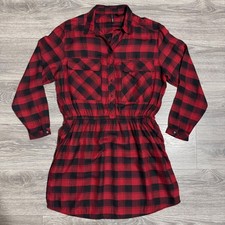 Mango Casual Red Black Buffalo Plaid Button Down Elastic Waist Shirt Dress Sz 8