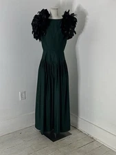 Vintage Victor Costa 80s Green Feather Shoulder Dress