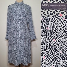 Marks And Spencer Shirt Dress Ivory Mid Black Pink Brush Stroke Pattern Size 12