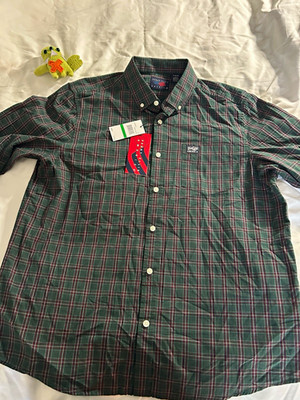 Perry Ellis America Green Red White Plaid Cotton Button-Down Shirt Mens L
