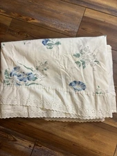 Vintage 70'S PACIFIC SUPERLIN Twin Flat Sheet Blue Flower White Eyelet