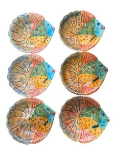 Set Of 6 Hand-Painted Italian Ceramic Fish-Shaped Bowls 6" Diameter