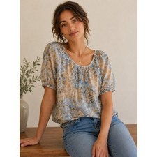 Lucky Brand Peasant Blouse Women S Blue Beige  Floral Gauze Boho Cottagecore